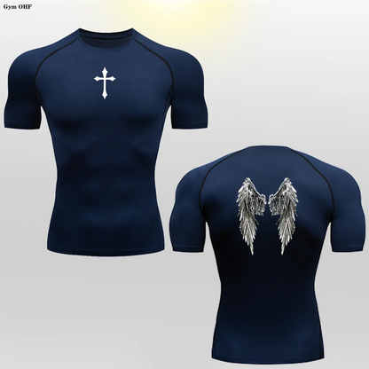 Short Sleeve Revena™ "Angel" Pattern Elastic Compression Shirt