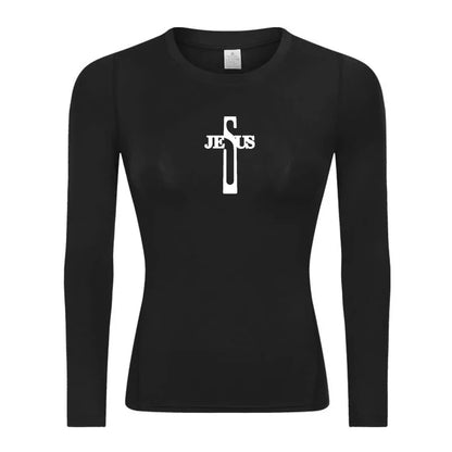 Long Sleeve Woman's Revena™ "Jesus Cross" Pattern Elastic Compression Shirt