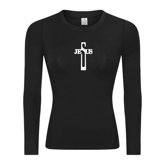 Long Sleeve Woman's Revena™ "Jesus Cross" Pattern Elastic Compression Shirt