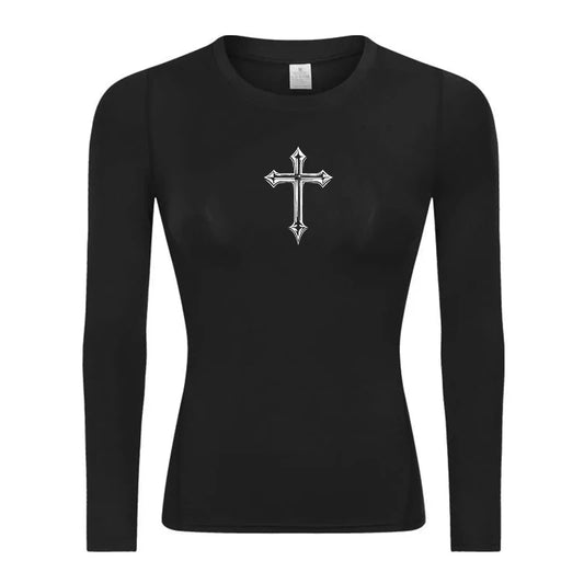 Long Sleeve Woman's Revena™ "Guardian Cross" Pattern Elastic Compression Shirt
