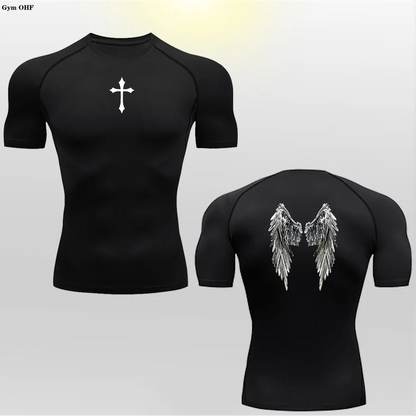 Short Sleeve Revena™ "Angel" Pattern Elastic Compression Shirt