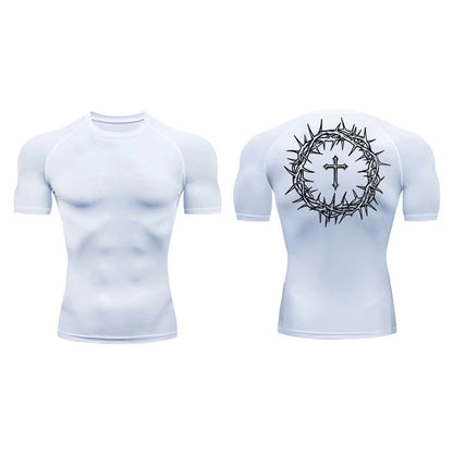 Short Sleeve Revena™ "Crown Of Thorns" Pattern Elastic Compression Shirt