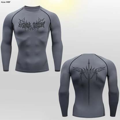 Long Sleeve Revena™ "Alpha Wolf" Pattern Elastic Compression Shirt