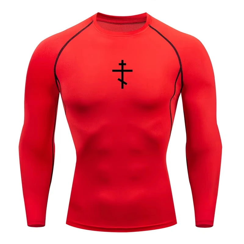 Long Sleeve Revena™ "Orthodox Cross" Pattern Elastic Compression Shirt