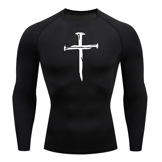 Long Sleeve Revena™ "Nail Cross" Pattern Elastic Compression Shirt