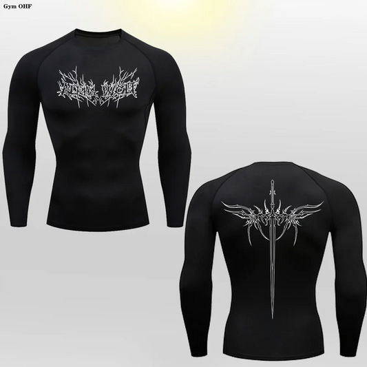 Long Sleeve Revena™ "Alpha Wolf" Pattern Elastic Compression Shirt