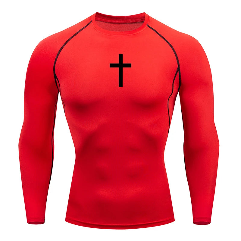 Long Sleeve Revena™ "Simple Cross" Pattern Elastic Compression Shirt