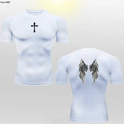 Short Sleeve Revena™ "Angel" Pattern Elastic Compression Shirt