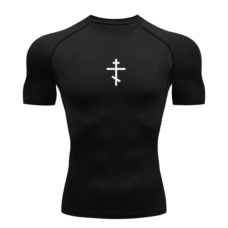 Short Sleeve Revena™ "Orthodox Cross" Pattern Elastic Compression Shirt