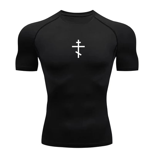 Short Sleeve Revena™ "Orthodox Cross" Pattern Elastic Compression Shirt