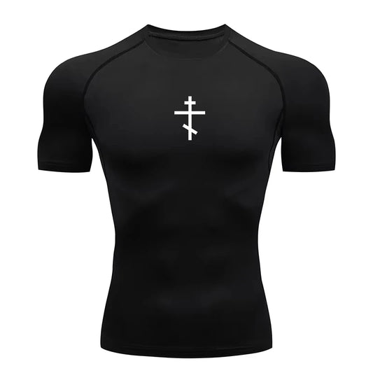 Short Sleeve Revena™ "Orthodox Cross" Pattern Elastic Compression Shirt
