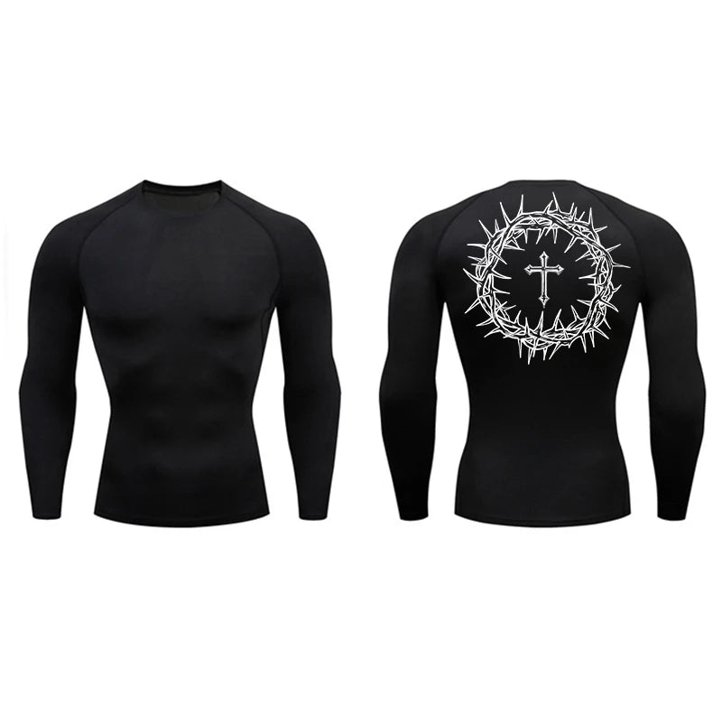 Long Sleeve Revena™ "Crown Of Thorns" Pattern Elastic Compression Shirt