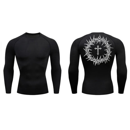 Long Sleeve Revena™ "Crown Of Thorns" Pattern Elastic Compression Shirt