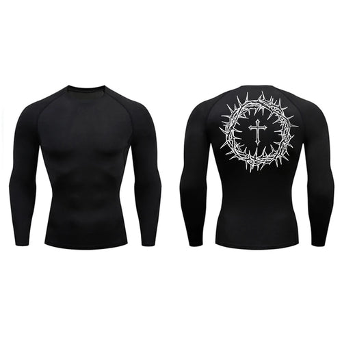 Long Sleeve Revena™ "Crown Of Thorns" Pattern Elastic Compression Shirt
