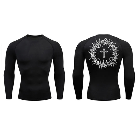 Long Sleeve Revena™ "Crown Of Thorns" Pattern Elastic Compression Shirt