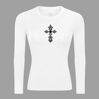 Long Sleeve Woman's Revena™ "Fleur-de-lis Cross" Pattern Elastic Compression Shirt