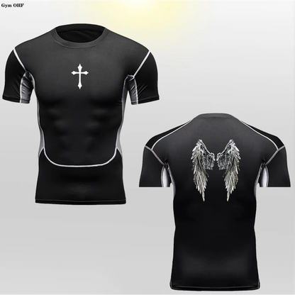 Short Sleeve Revena™ "Angel" Pattern Elastic Compression Shirt