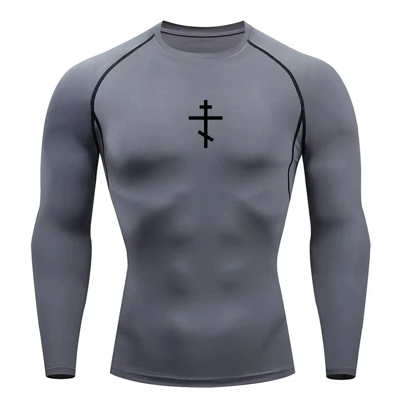 Long Sleeve Revena™ "Orthodox Cross" Pattern Elastic Compression Shirt