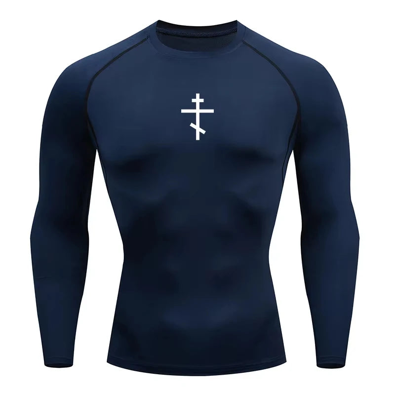 Long Sleeve Revena™ "Orthodox Cross" Pattern Elastic Compression Shirt