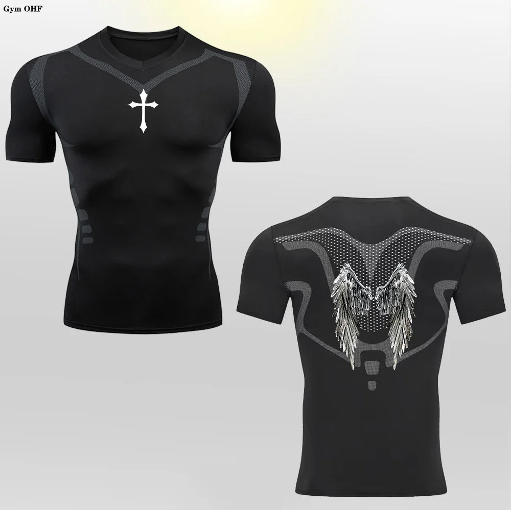 Short Sleeve Revena™ "Angel" Pattern Elastic Compression Shirt