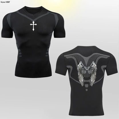 Short Sleeve Revena™ "Angel" Pattern Elastic Compression Shirt