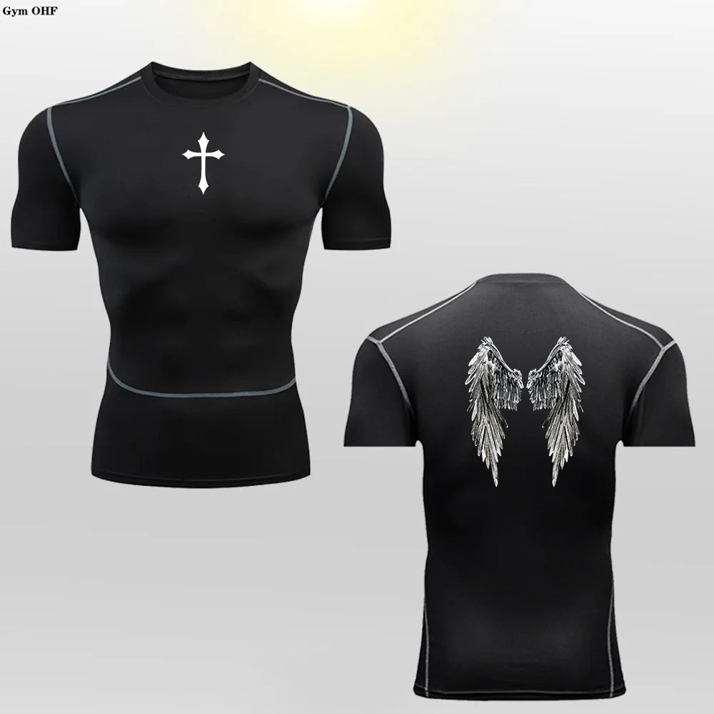 Short Sleeve Revena™ "Angel" Pattern Elastic Compression Shirt