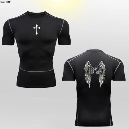 Short Sleeve Revena™ "Angel" Pattern Elastic Compression Shirt