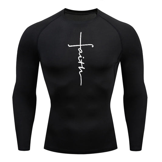 Long Sleeve Revena™ "Faith Cross" Pattern Elastic Compression Shirt