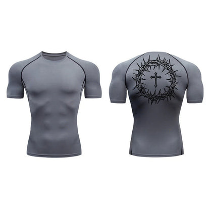 Short Sleeve Revena™ "Crown Of Thorns" Pattern Elastic Compression Shirt