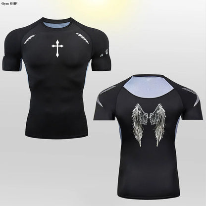 Short Sleeve Revena™ "Angel" Pattern Elastic Compression Shirt