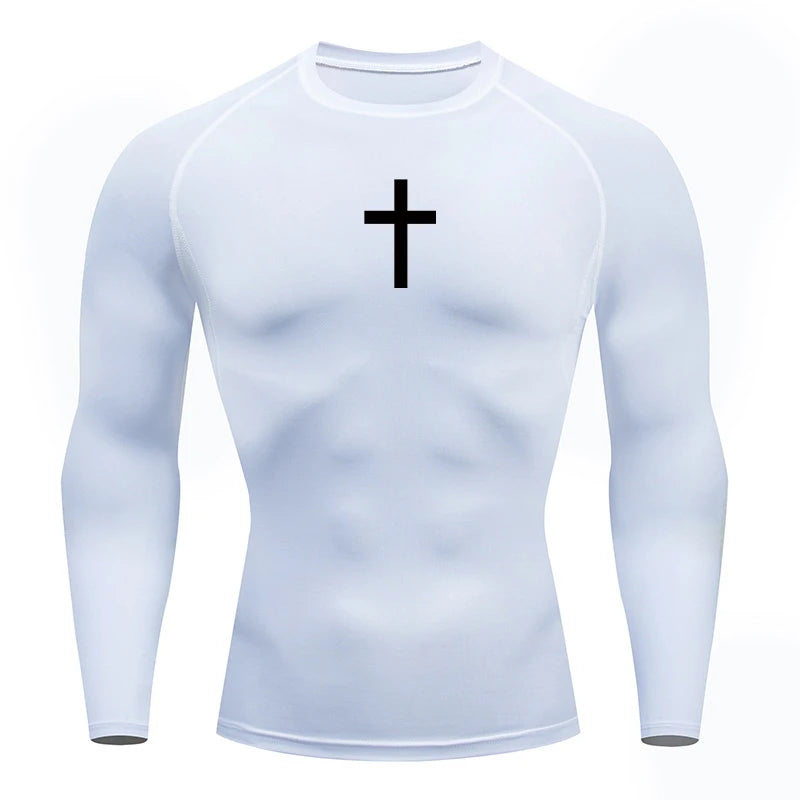 Long Sleeve Revena™ "Simple Cross" Pattern Elastic Compression Shirt