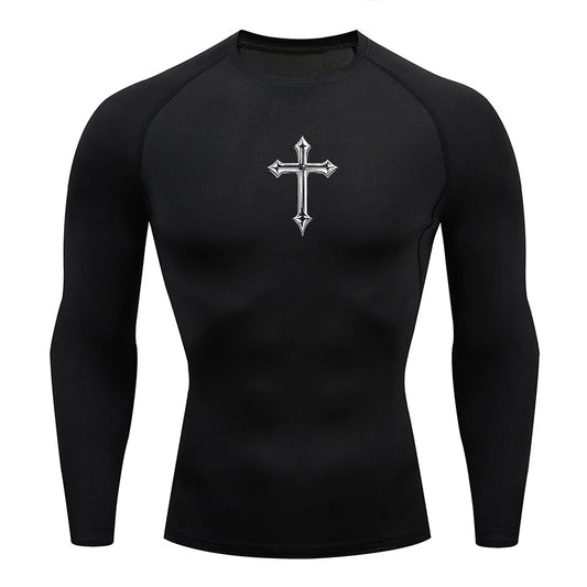 Long Sleeve Revena™ "Roman Cross" Pattern Elastic Compression Shirt