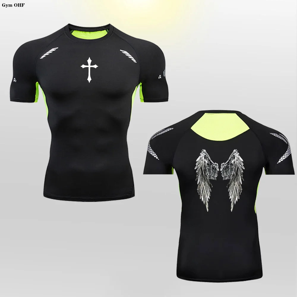 Short Sleeve Revena™ "Angel" Pattern Elastic Compression Shirt