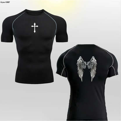 Short Sleeve Revena™ "Angel" Pattern Elastic Compression Shirt