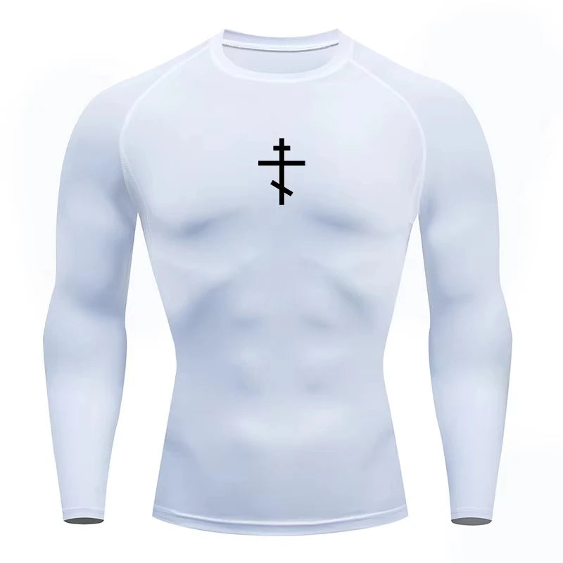 Long Sleeve Revena™ "Orthodox Cross" Pattern Elastic Compression Shirt