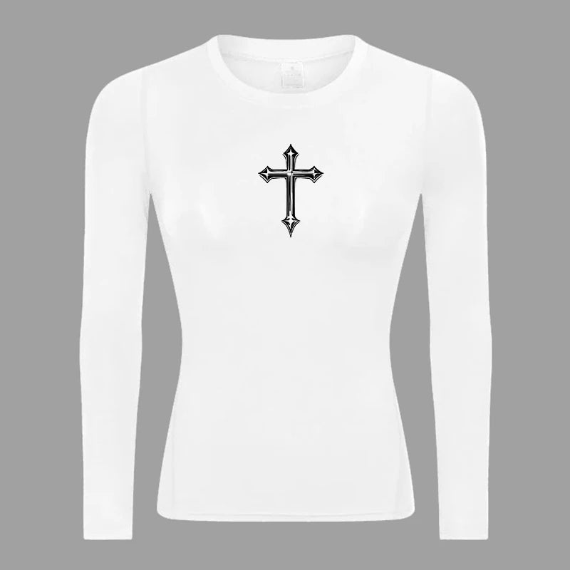 Long Sleeve Woman's Revena™ "Guardian Cross" Pattern Elastic Compression Shirt