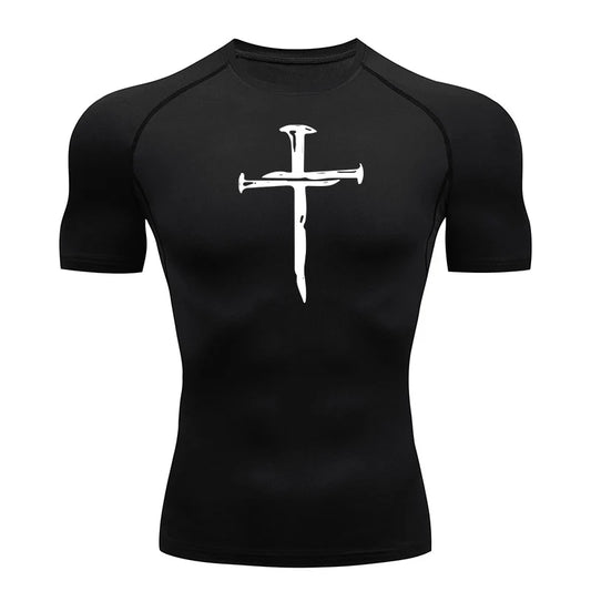 Short Sleeve Revena™ "Nail Cross" Pattern Elastic Compression Shirt