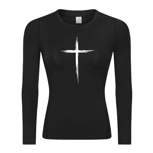 Long Sleeve Woman's Revena™ "Sketch Cross" Pattern Elastic Compression Shirt