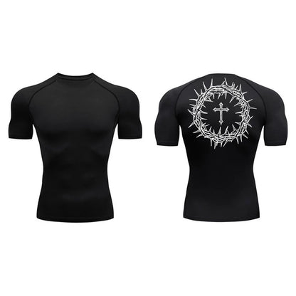 Short Sleeve Revena™ "Crown Of Thorns" Pattern Elastic Compression Shirt