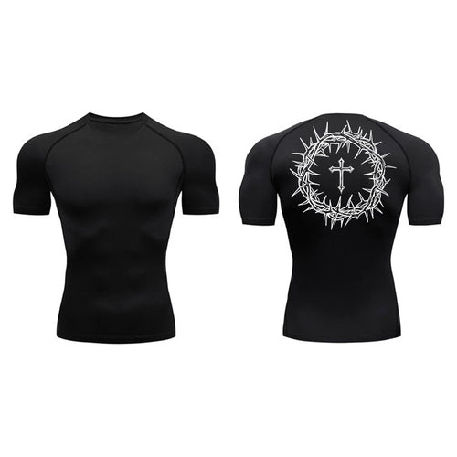 Short Sleeve Revena™ "Crown Of Thorns" Pattern Elastic Compression Shirt