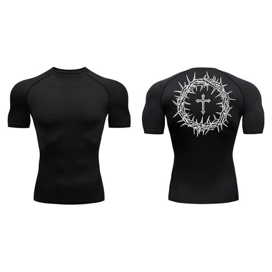 Short Sleeve Revena™ "Crown Of Thorns" Pattern Elastic Compression Shirt